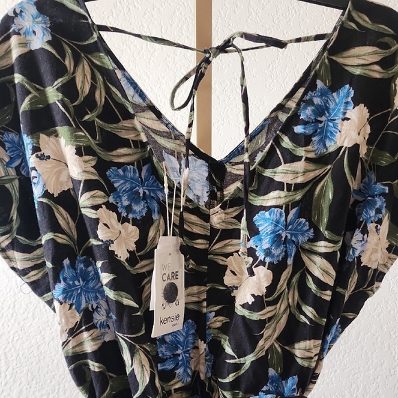 Kensie Pants - Kensie Black Floral Jumpsuit with Blue and White Accents